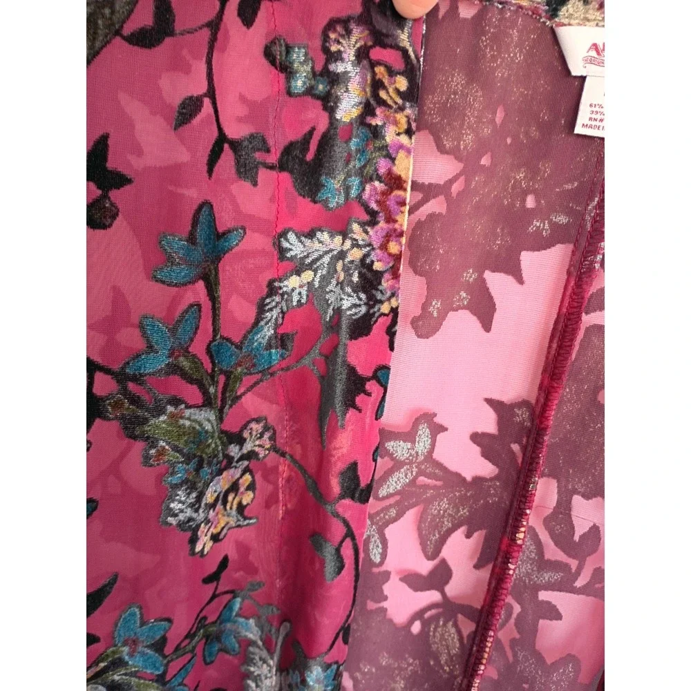 Arizona Jean Co Women Burnout Velvet Floral Open Front Kimono Burgundy Black M/L - Picture 6 of 8